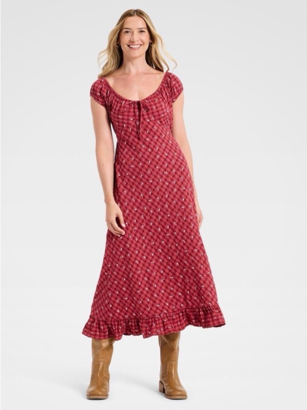 Universal Thread Red Floral Tie-Front Maxi Dress with Ruffle Hem